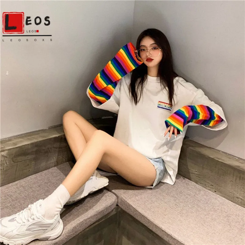 

Patchwork T Shirts Korean version of ins Harajuku style loose wild fake two-piece rainbow striped long-sleeved T-shirt female