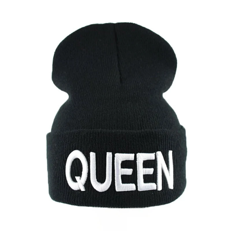 Knitted QUEEN White Зимние вязаные шапки для женщин, шапки с надписью KING QUEEN, шапка в стиле хип-хоп для девушек, осенняя женская теплая бини, Повседневная шапка - Цвет: Knitted QUEEN White