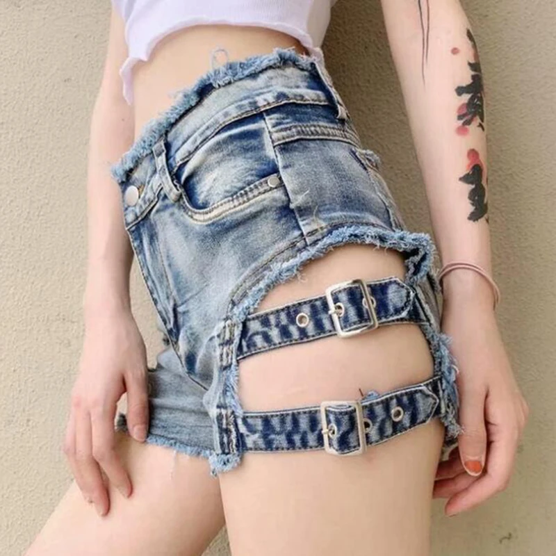 New 2020 Summer Punk Sexy Women Denim Shorts Female Hollow Out Spring Skinny Rock Gothic Mid Waist Jeans | Женская одежда