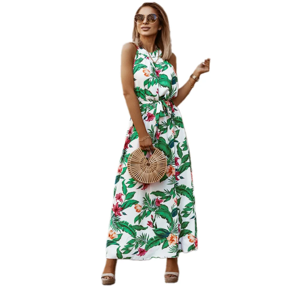 

summer women's dress 2021 New fashion dress retro slimming sexy print sleeveless belt hanging neck beach dress female y2k