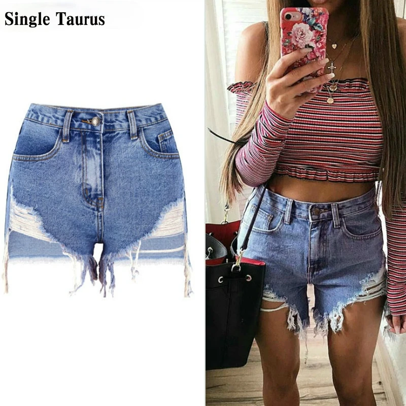 Женские рваные джинсовые шорты с высокой талией ярко синие в уличном стиле