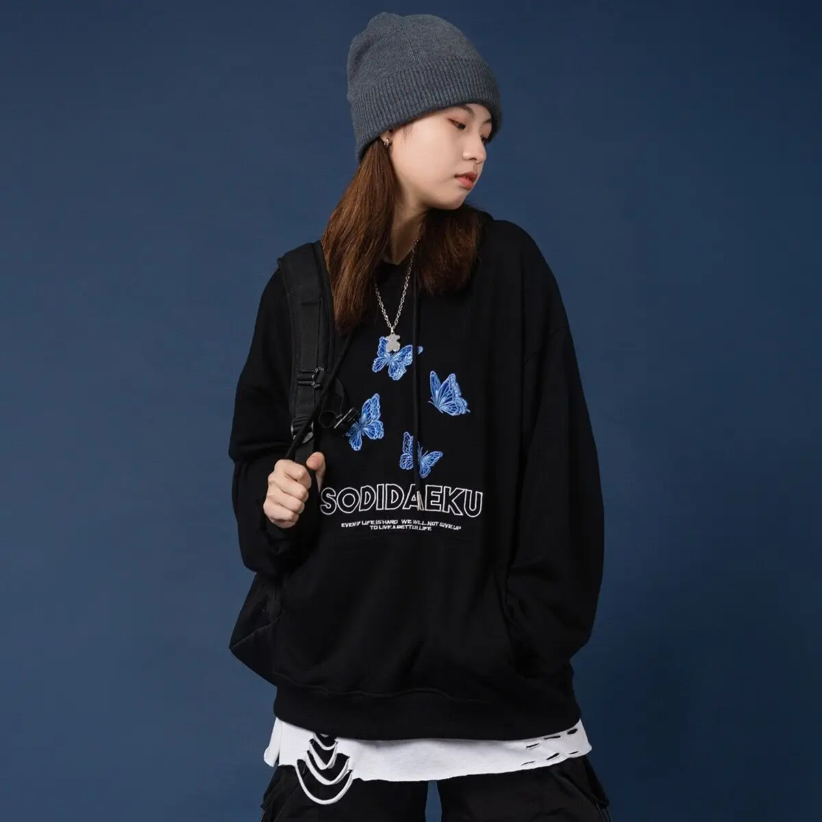 Мужской Хлопковый пуловер в стиле Харадзюку черный Свободный свитшот с