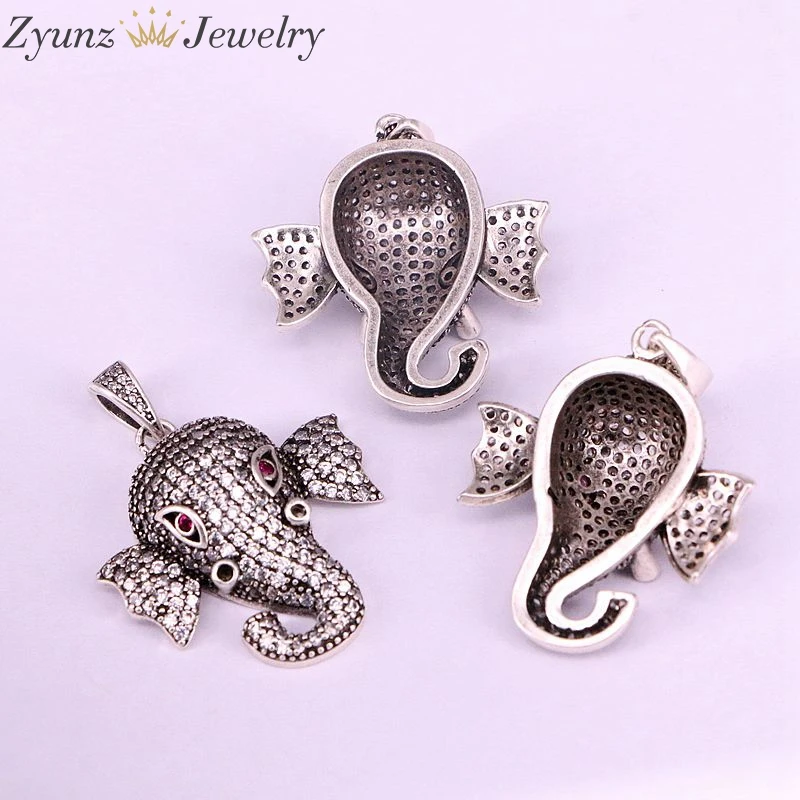 5PCS, Clear CZ Cubic Zirconia Elephant Head Pendant Necklaces Genuine Vintage Silver Color For Women Jewelry Party Gift