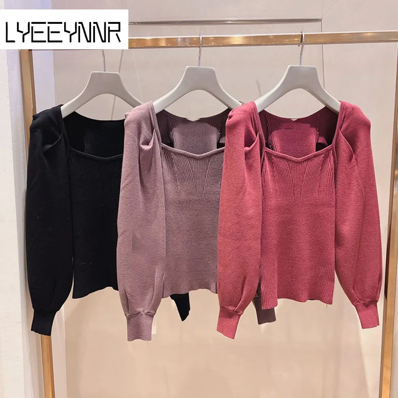 

Пуловер с квадратным воротником и длинными рукавами-фонариками, Модный милый Универсальный свитер, Женская однотонная одежда в японском ст...