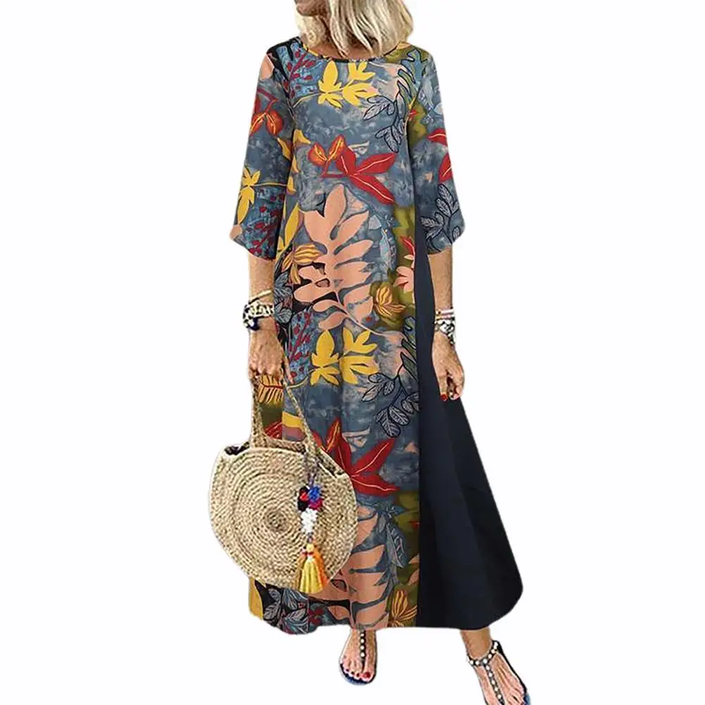 

Maxi Dresses For Women Summer Printed Dress Casual Female O-neck Dress Leaf Print Loose Long Length Ladies Retro Printed Dress