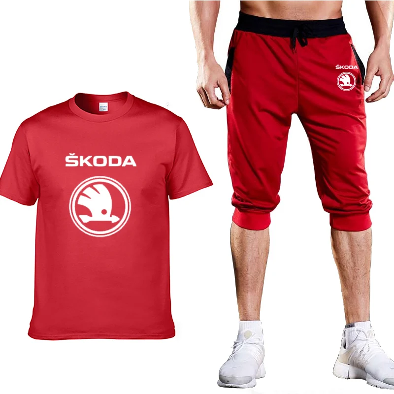 

Summer Mens T-Shirt Skoda Car Logo print Harajuku Short Sleeve high quality Gradient Cotton Mens T-shirt+shorts suit 2pcs R