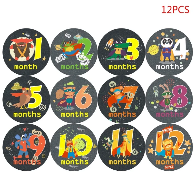 

12 Pcs Baby Pregnant Monthly Stickers Newborn Growth Photography Props Animal Pattern Memory Recording Milestone Sticker J60B