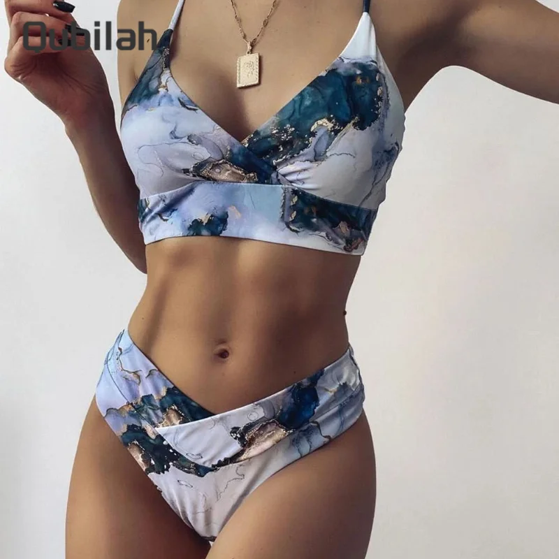 

2021 Two Piece Sets New Print Sport Bandeau Bathing Suit High Waist Swimwear Women Beach Wear Push Up Bikinis Sexy Swimsuit