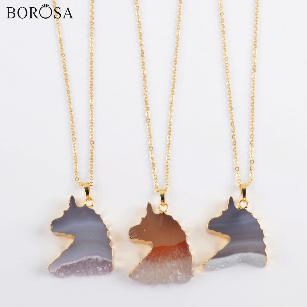 Ожерелье BOROSA с подвеской в виде единорога из натурального агата и друзы женское