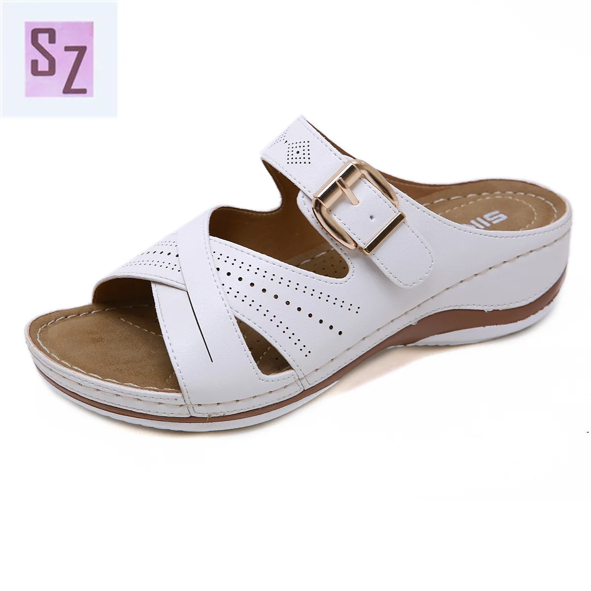 

New 2021 European and American slippers female designer casual lightweight wedge heel platform buckle sandals