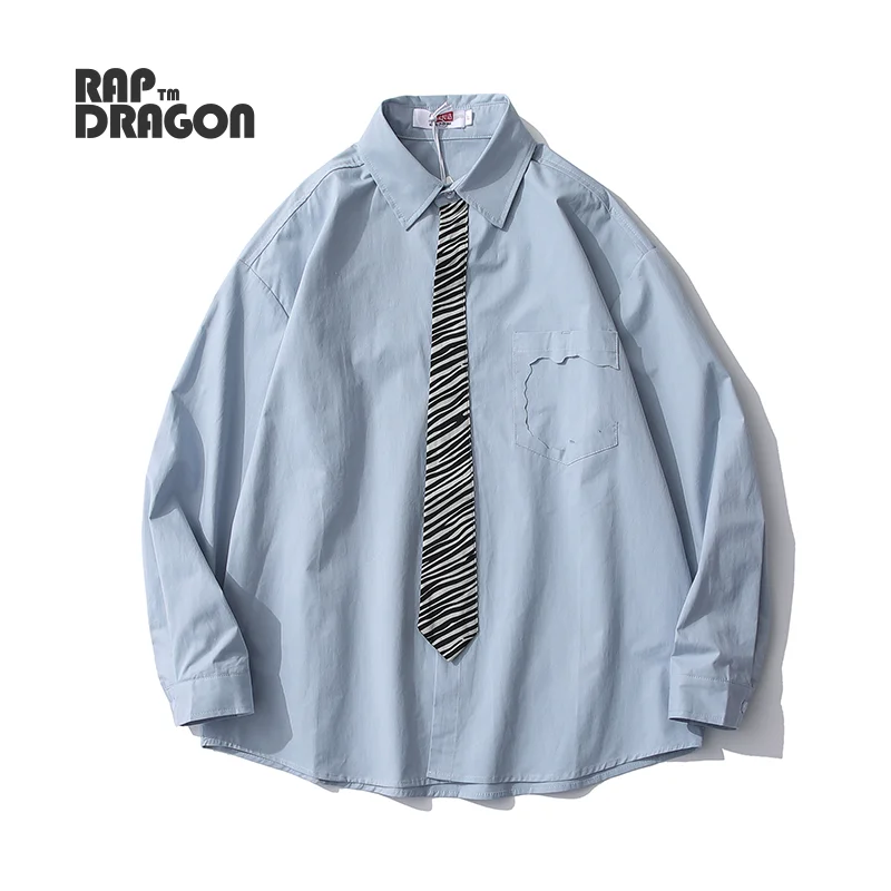 

Men's Long Sleeve Shirt 2021 Korean Fashion Clothing Oversized Loose Solid Color Lapel Splicing Necktie Autumn Top Cotton Shirts