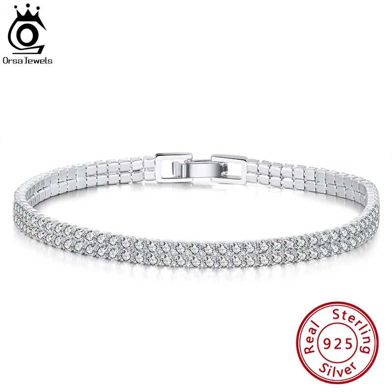 

ORSA JEWELS Women Sparkling 925 Sterling Silver 2 Rows Clear 4mm Cubic Zirconia Tennis Bracelet Fine Jewelry Party Gifts SB118