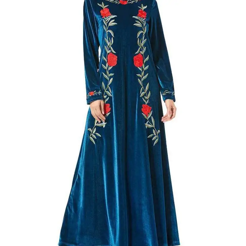 

muslim Fashion Oversized Size Women's Golden Velvet Embroidery Casual Big Swing Dress With Headscarf Dubai For Women Robe