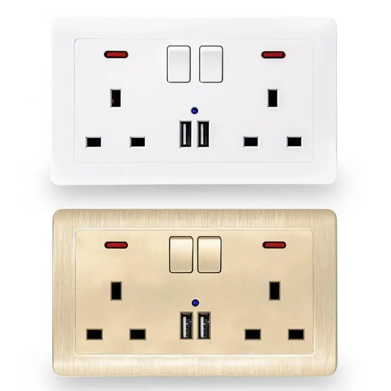 Настенная розетка Великобритания двойная 2 канала 13 а с USB портами для смартфона