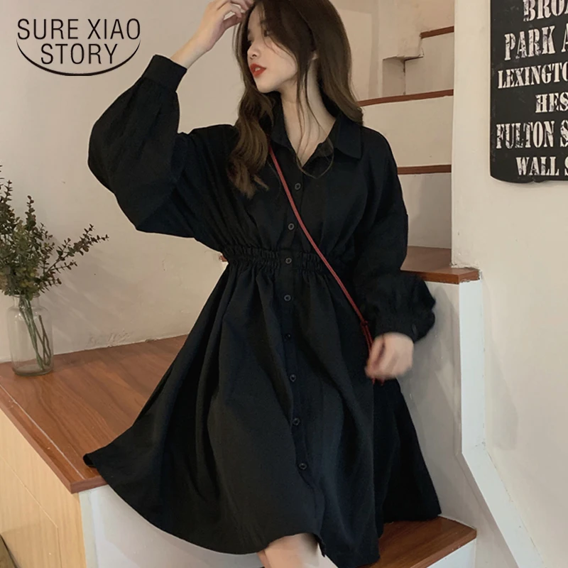 

Casual Dress Women 2022 Spring Casual Vintage Lantern Sleeve Shirt Dress Turn Down Collar Button Party Dresses Women 13491