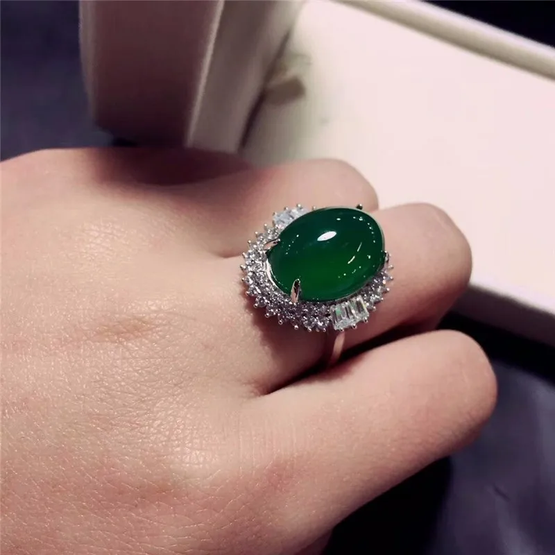 

LETSFUN Fine Jewelry 925 Silver Inlaid Round Green Chalcedony Noble Ring Gifts Free Shipping