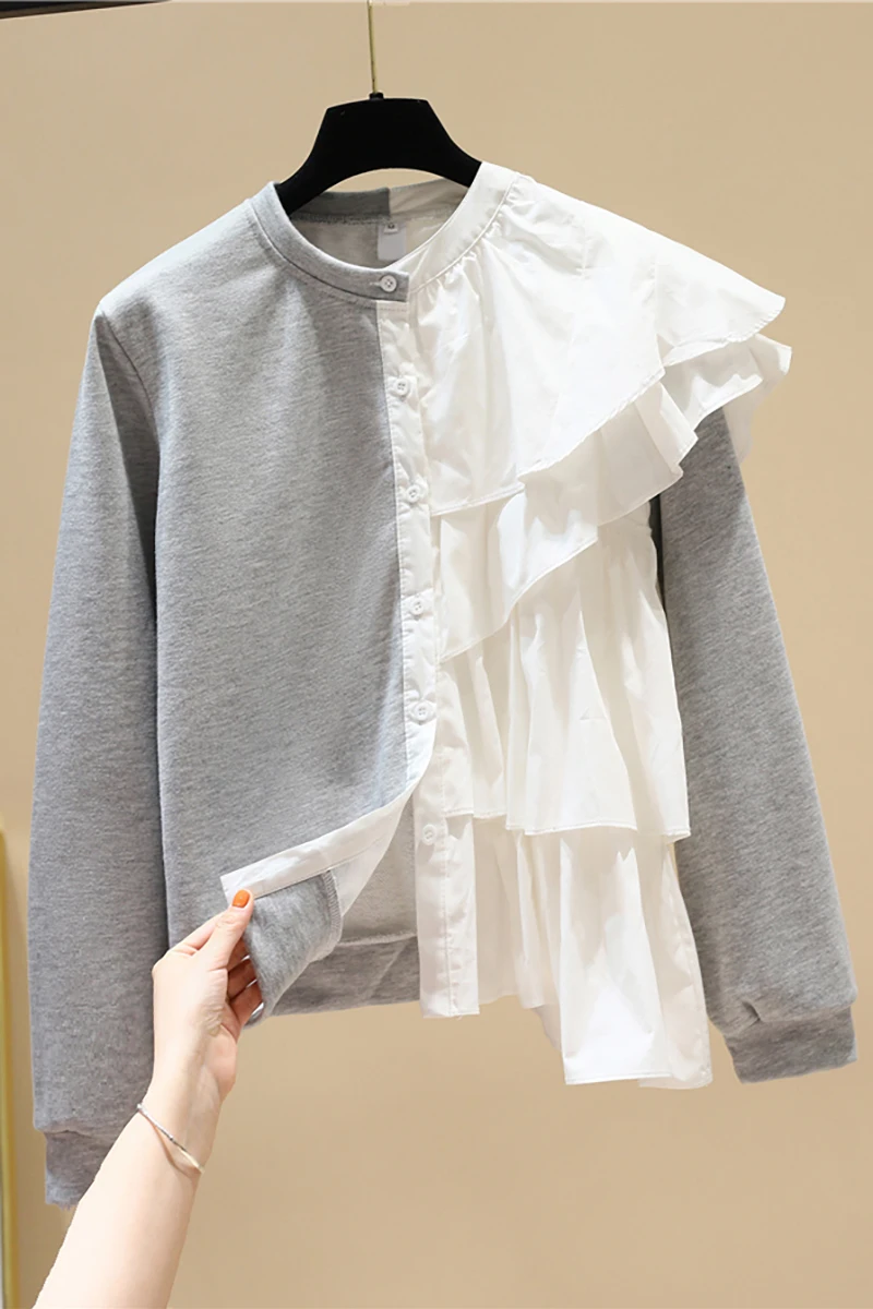 

Rufflles Patchwork Sweatshirt Cardigan Women's 2021 Spring New Loose Full Contrast Color Design Top