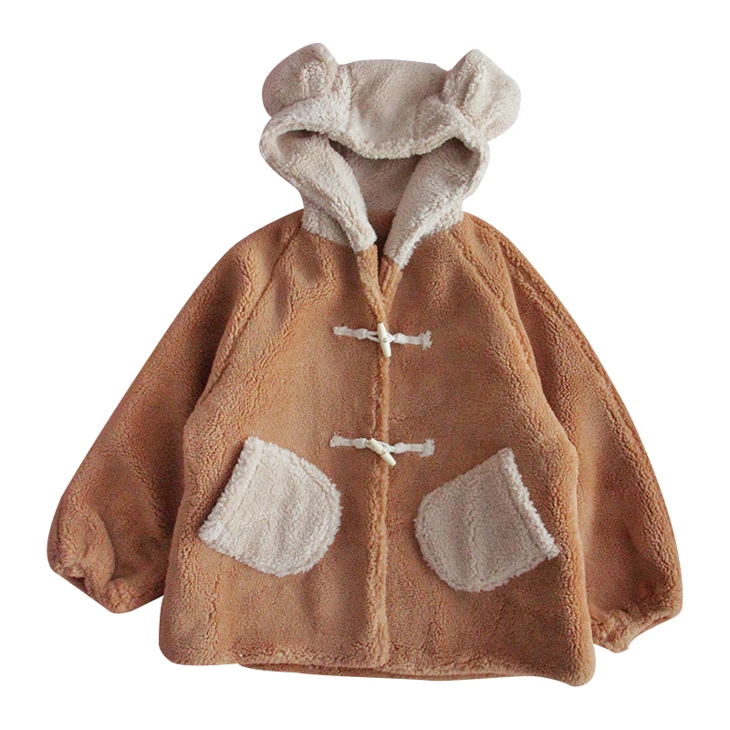 

Lambswool Hooded Jacket Women Winter Japanese Preppy Sweet Cute Bear Ears Hoodies Coat Girl Horn Button Overcoat Student Tops