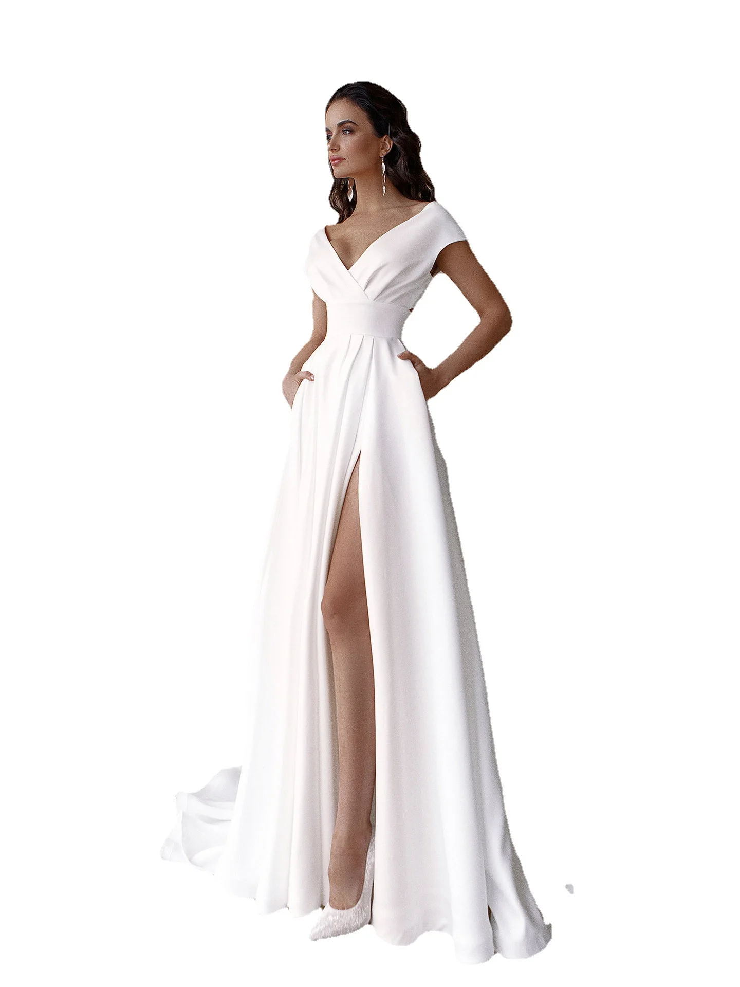 

2021 summer new open back sexy low cut short sleeve sleeveless dress V-neck Slit party dress high end evening dress