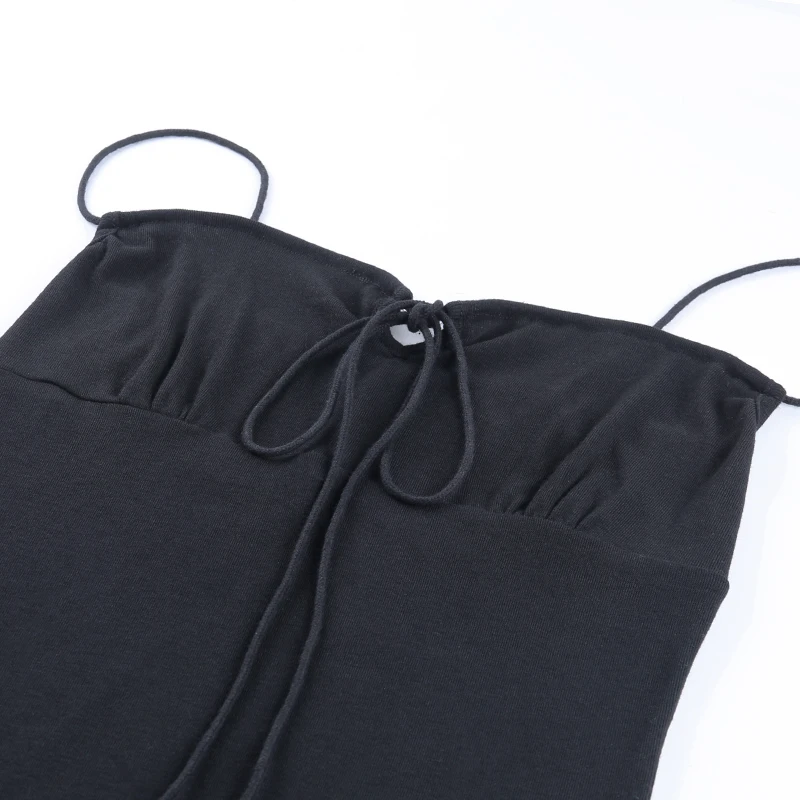 

Black Cotton Front Bandage Sleeveless Spaghetti Strap Mini Dresses Skinny Elastic Sexy Ruffles Hem Basic Summer Dress