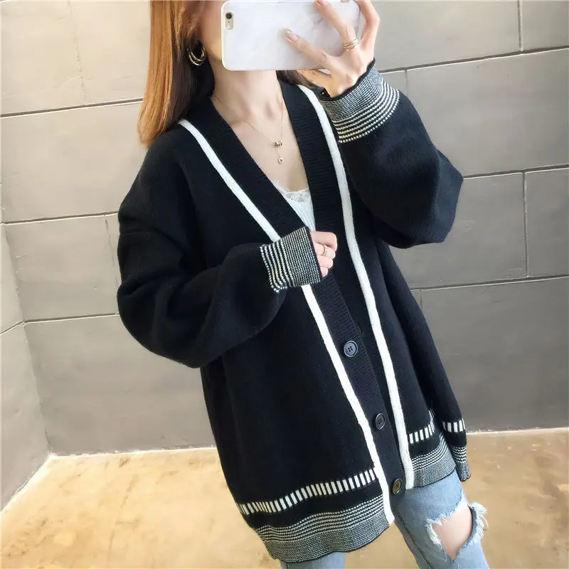 

PEONFLY Fashion V Neck Women Knitted Cardigan 2020 Single Breasted Sweater Autumn Winter Knitted Loose Oversized Jumper Casual