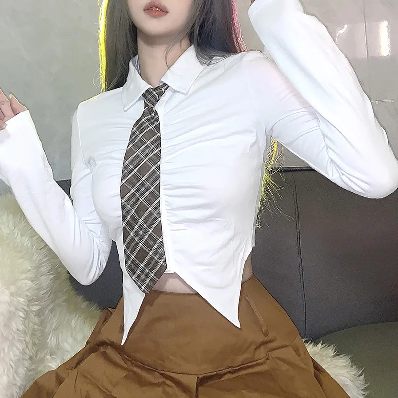 

Blouses Women Fashion Korean Design Sexy Necktie Single Breasted Tops Slim All-match Long Sleeve White Shirt Streetwear Ladies