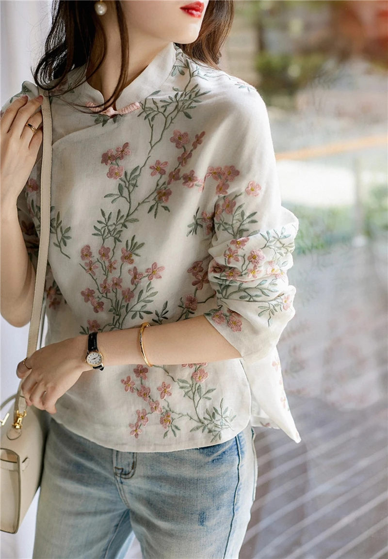 linen shirt cheongsam blouse chinese style high quality flower embroidery long sleeve autumn tops cotton and elegant | Женская одежда