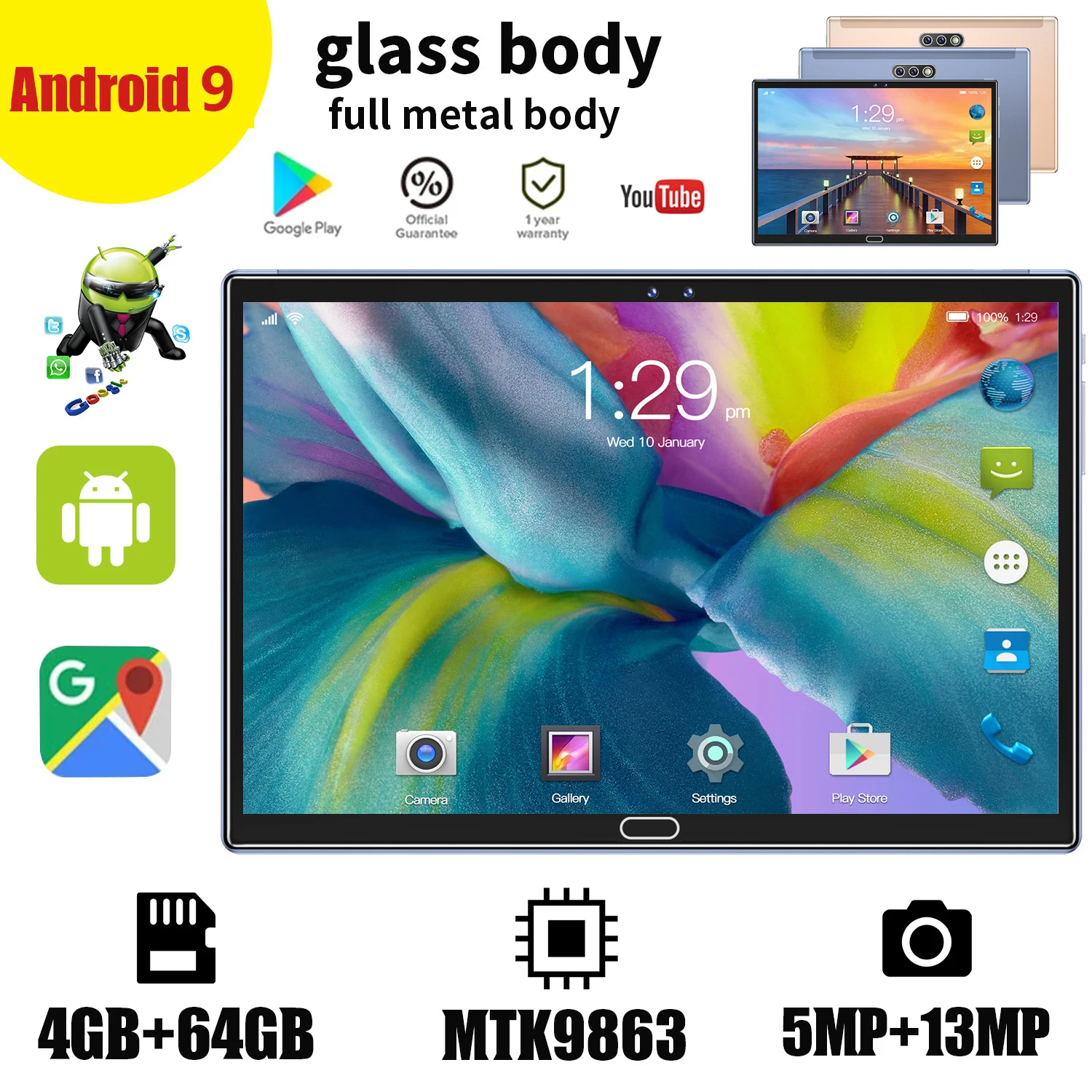 Tableta 2021 de 10,1 pulgadas, Triple C&aacute;mara, pantalla grande de alta definici&oacute;n, 4G, Android 9,0, 4GB de RAM, 64GB de ROM-0