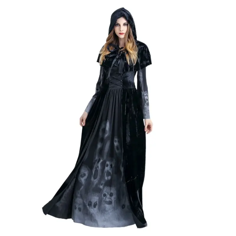 

Womens Halloween Witch Hooded Cloak Dress Scary Ghost Souls Printed Vampire Skull Cosplay Costume Carnival Party Outfits