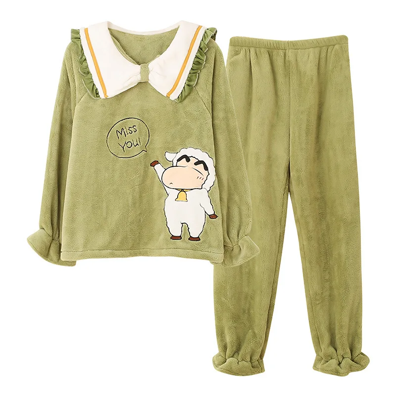

Flannel Warm Pajamas For Women Long Sleeve Home Suit Ladies Sleepwear Green Crayon Shin-Chan Pajama Set Thick Feminino Pyjamas