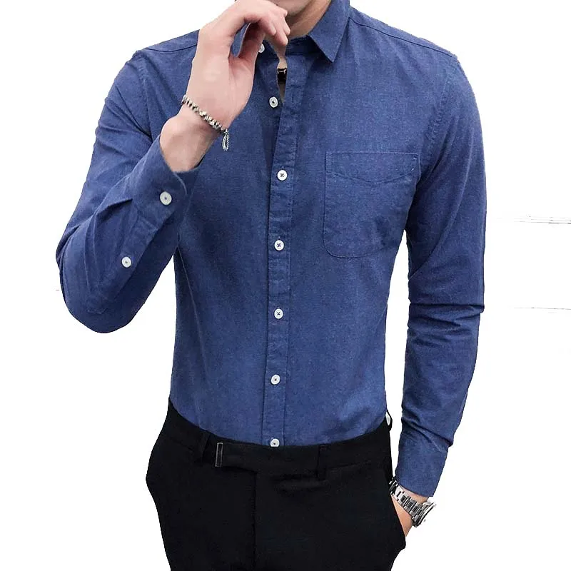 Мужская деловая рубашка с длинным рукавом однотонная Повседневная приталенная