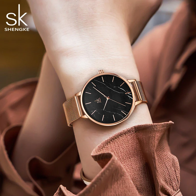 Shengke Women Fashion Design Watch Black Stainless Steel Band Watch Marble Surface Reloj Mujer New Original Brand Watch for Girl
