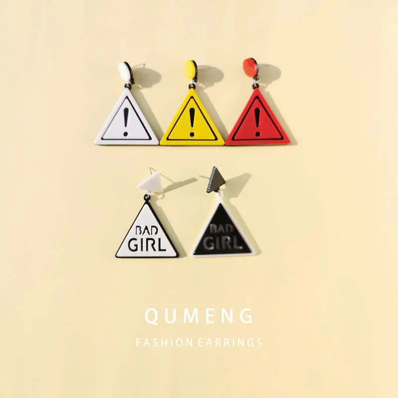 

QUMENG Bad girl Triangle warning sign Acrylic earrings personality geometric stud earrings for women Question exclamation mark