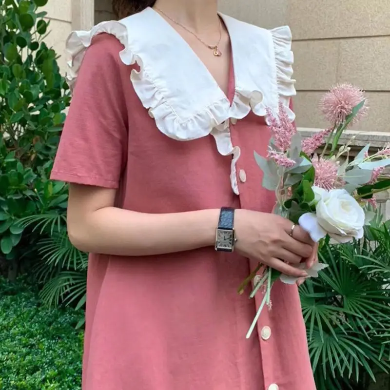 

Women Short Sleeve Dress Sweet Peter Pan Collar A-line Button Up Design Kawaii Student Mini Dresses Girls Summer Empire Panelled