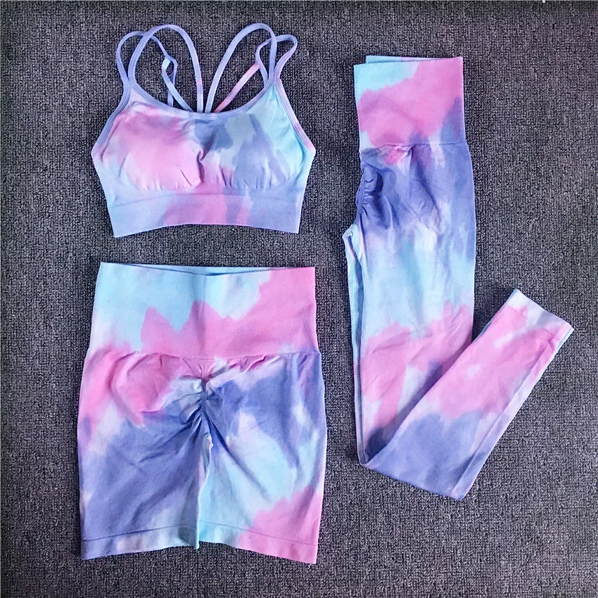 1/2/3Pcs Women Tie Dye Sportswear Yoga Set, Workout Leggings,Scrunch Leggings,Gym Shorts,Seamless Gym Sports Bra, Yoga Tracksuit