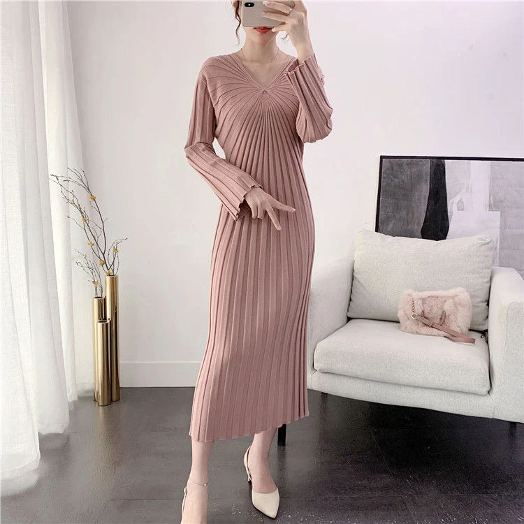 

Femme Robe Fall V-Neck Long Flare Sleeve Straight Dressess for Womens Winter Striped Black Loose Knitted Dress Robes Pour Femmes