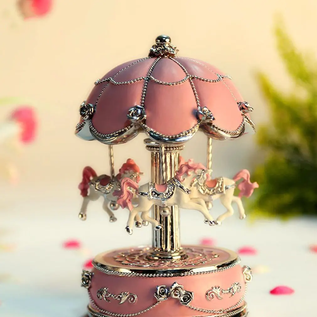 

60825 Valentine's Day Gift Small Flower Umbrella Carousel Music Box 3-Horse With LED Light Decor Music Box
