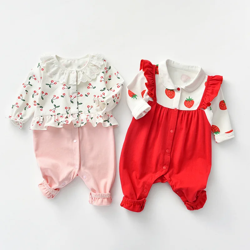 

Baby Girl Rompers Long Sleeve Spring/Autumn Girls Jumper Strawberry Printed Newborn Onesie Pink/Red Twins Girls Jumpsuits
