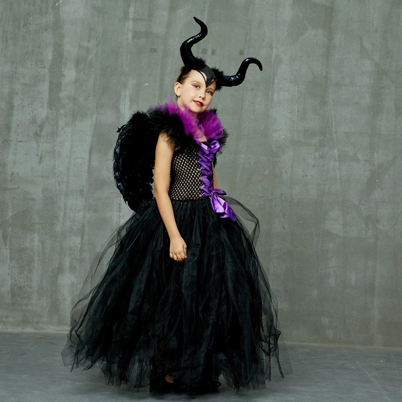 Maleficent/платье-пачка «злая королева» для девочек с роговыми крыльями; костюм ведьмы для косплея; детское праздничное рождественское платье