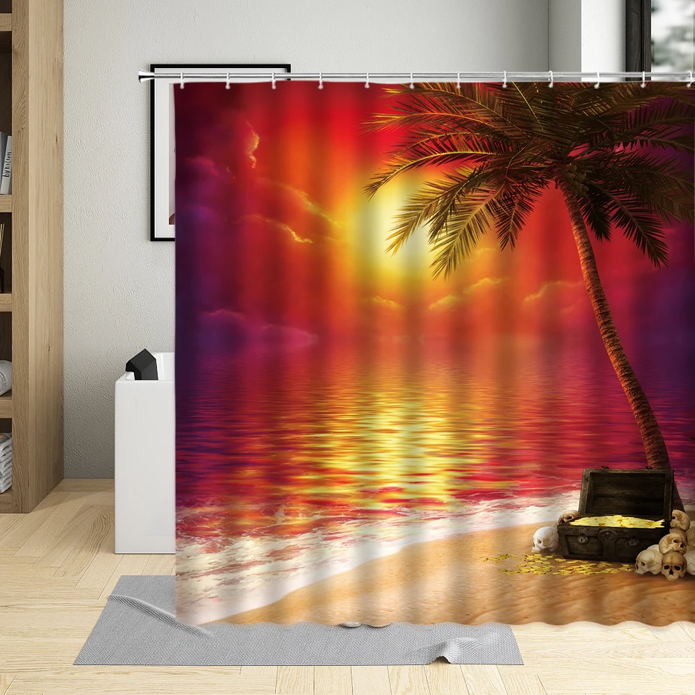 

Purple Sky Seaside Coconut Tree Shower Curtain 3D Painting Moon Decor Background Bathroom Bathtub Home Set Machine Washable