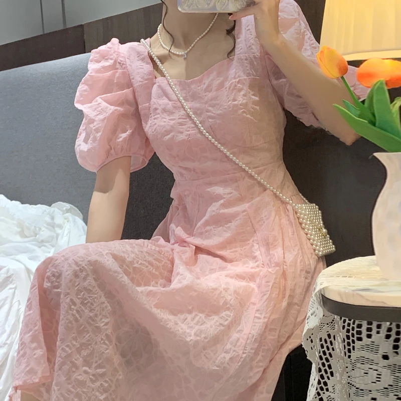 

Pink Dress Summer Puff Sleeve 2021 Ladies French Vintage Sweet Midi Dress Women Korean Style Evening Party Dress Female Chic y2k