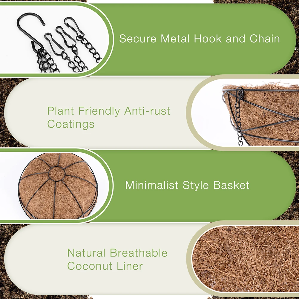

4Pack Garden Vintage With Coconut Liner Balcony Metal Indoor Outdoor Hanging Planter Basket Flower Pot Patio Home Decor Backyard