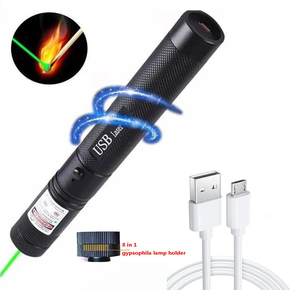 

Green laser pointer USB charging 303 high power 5 mW green dot red purple laser burning laser 8 in 1 lamp holder laser pointer