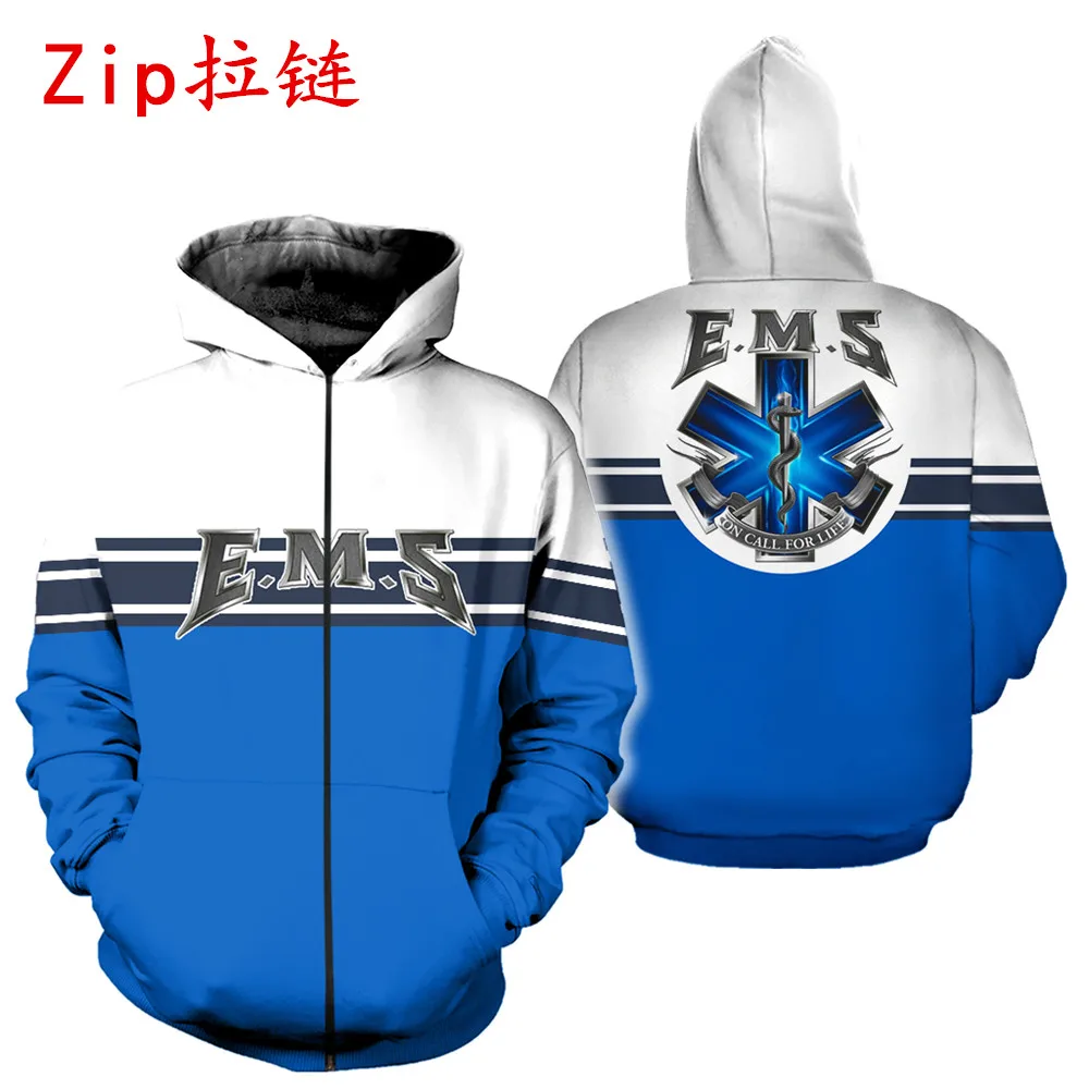 

EMS On Call For Life 3D Printed Harajuku Fashion Hoodies Blue White Sweatshirt Women Men Casual Zip Hoodie FY001