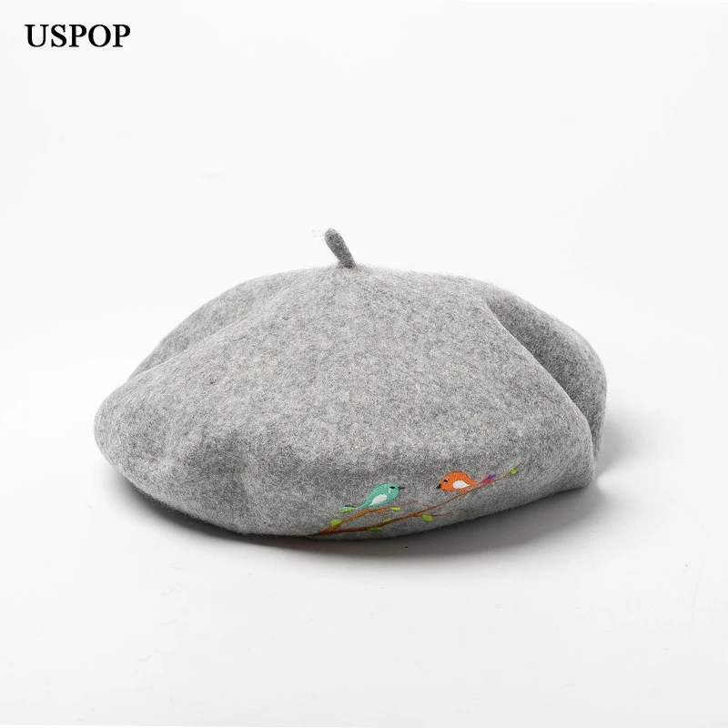 USPOP, модные женские шерстяные береты, милый берет с вышивкой птицы, Повседневная Женская Толстая теплая шерстяная Осенняя шапка, зимние шапки