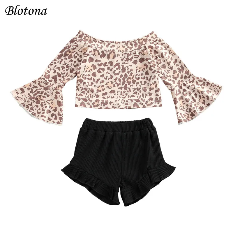 

Blotona Girls T-shirt and Shorts Set Fashion Leopard Trumpet Sleeve Tops and Solid Color Ribbed Short Pants, 6Months-3Years
