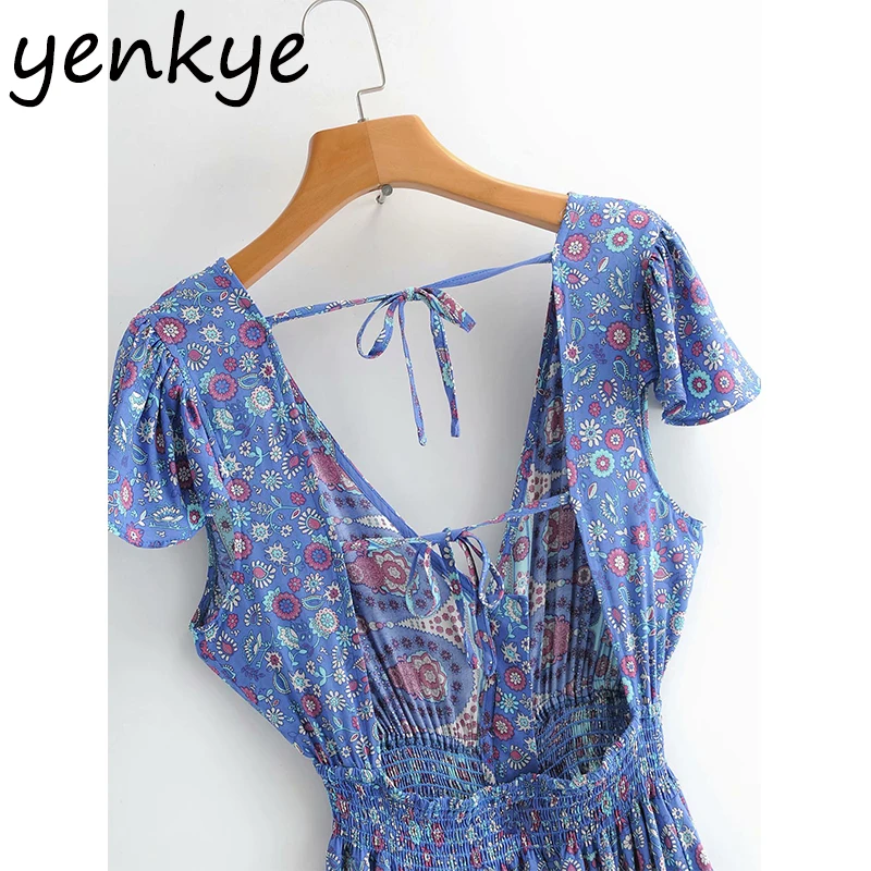 

Floral Print Holiday Boho Dress Women Summer Sexy Backless Neck Short Sleeve Elastic Waist A-line Long Dress SYJZ502