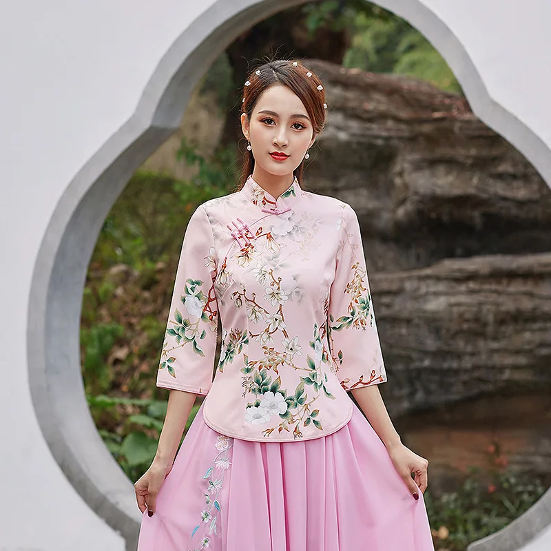 Women Traditional Chinese Pink Shirt Chinese Style Guzheng Blouse Stretchable Suit Long Sleeve Tang Skirt Qipao Top Set 4XL 3XL