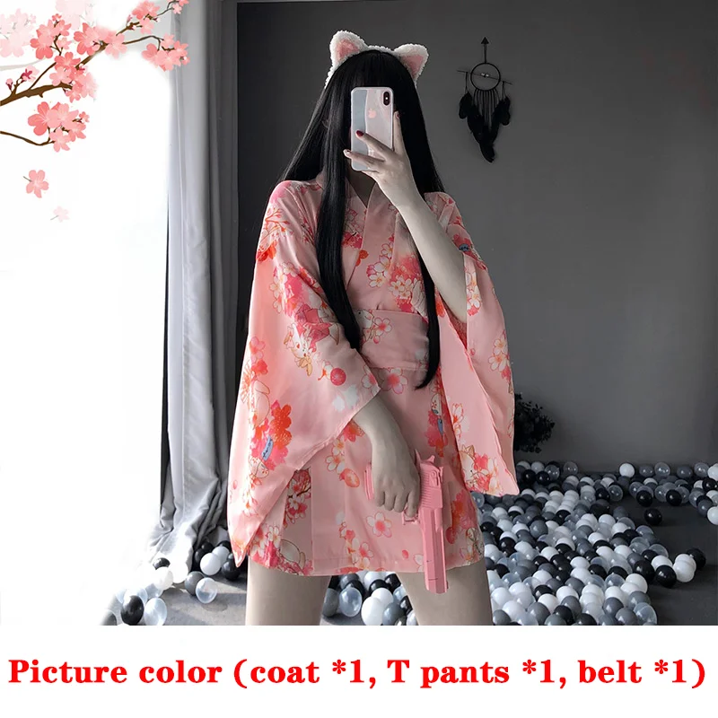 

Japanese Kimono Sexy Cosplay Outfit For Women Traditional Style Robe Yukata Costumes Pajamas Soft Silk Belt 1Pcs Set Pink Set