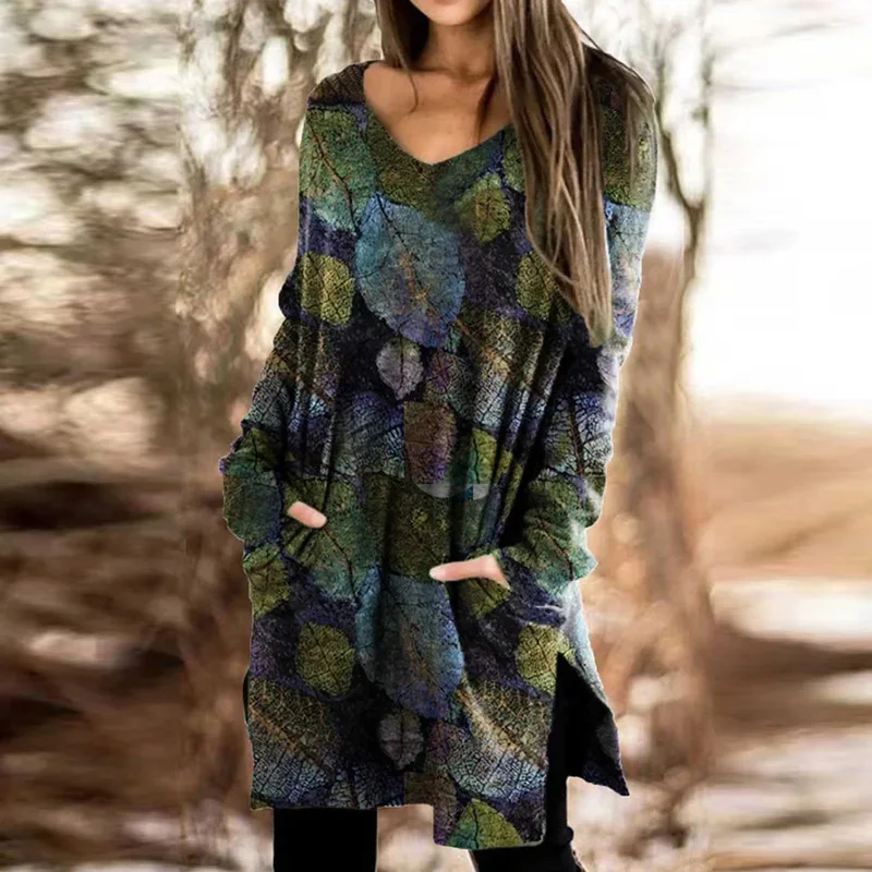 

2021 Spring Elegant Lady O-Neck Party Dress Women Long Sleeve Pocket Mini Dress Vintage Casual Leaf Print A-Line Loose Dress 3XL